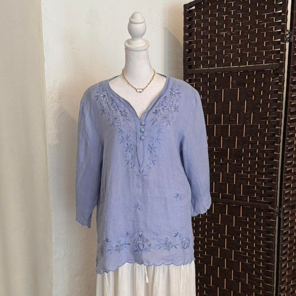 Women's 100% Linen Embroidered Floral Top Size XXL Boho Chic Tunic Blouse